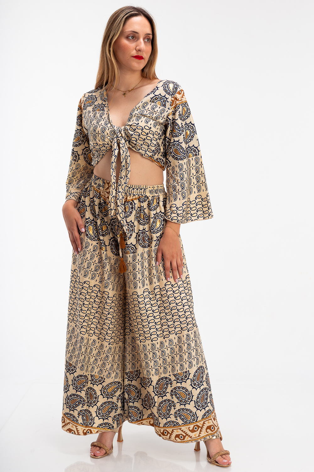 2220000454643 Flute sleeve Silk Casual Sets - Image 1