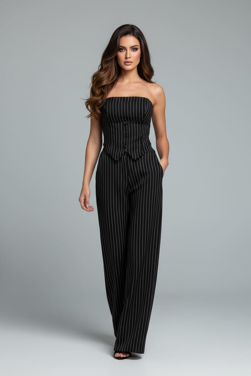 2220000538046 Strapless Striped Casual Set - Image 1